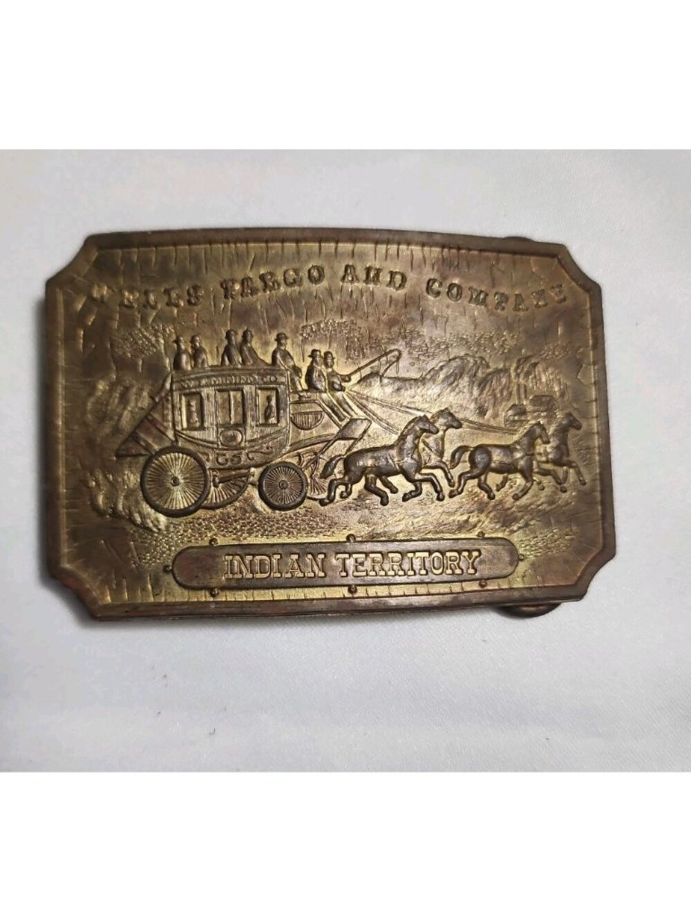 VTG Wells Fargo Bank Stagecoach Brass Tone Belt Buckle Tiffany New York Indian T